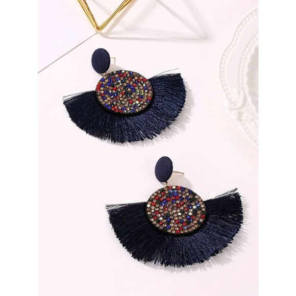 Blue Tassel Earrings, Blue Rhinestone, Bohemian - Picture 1 of 3